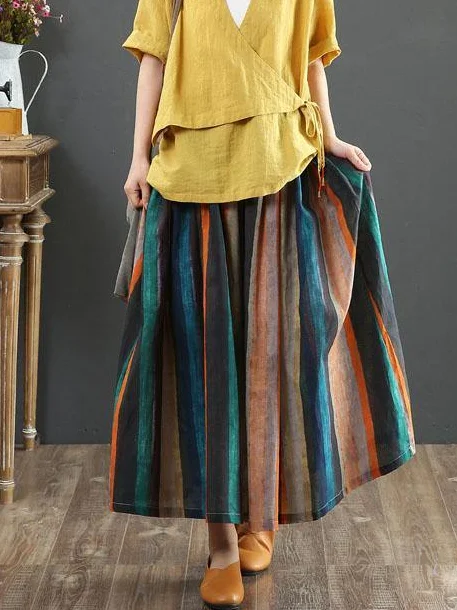 Jupes Femmes Rayé Décontracté Printemps / Automne Coton Naturel Aucune élasticité Maxi Trapèze Régulier