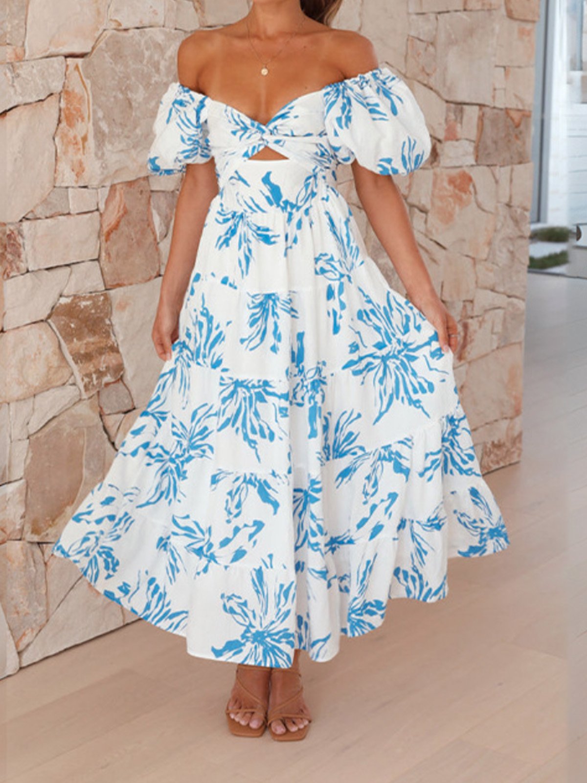 Femmes Floral Orange Col V Confortable Robe Maxi Décontracté