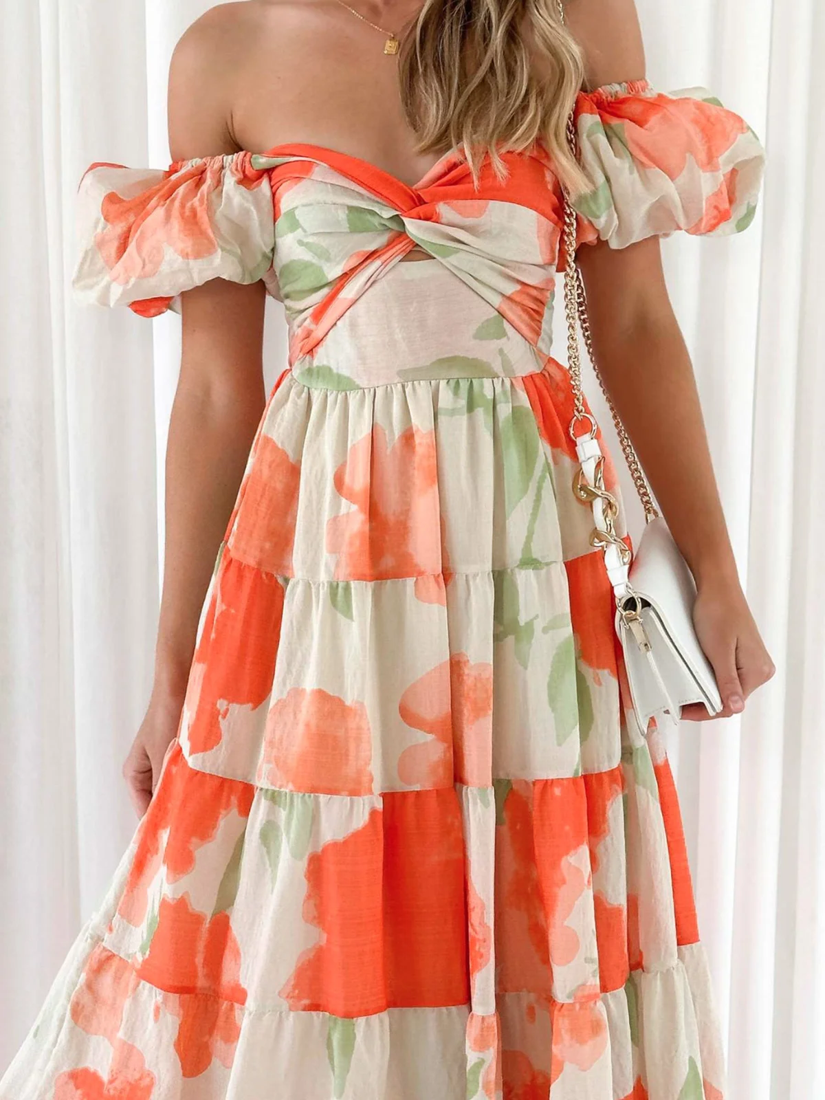 Femmes Floral Orange Col V Confortable Robe Maxi Décontracté
