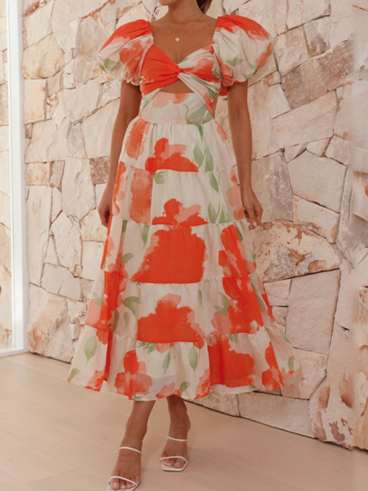 Femmes Floral Orange Col V Confortable Robe Maxi Décontracté