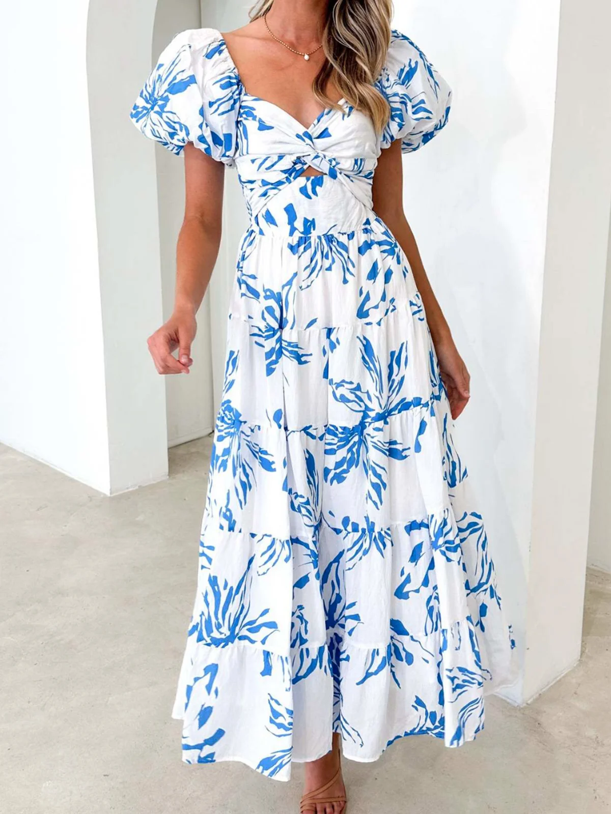 Femmes Floral Orange Col V Confortable Robe Maxi Décontracté