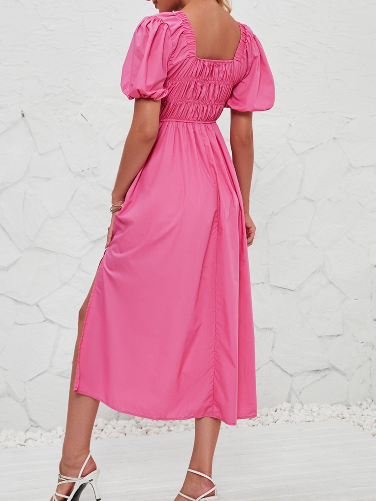 Femmes Plain Rose Col V Confortable Robe Maxi Décontracté
