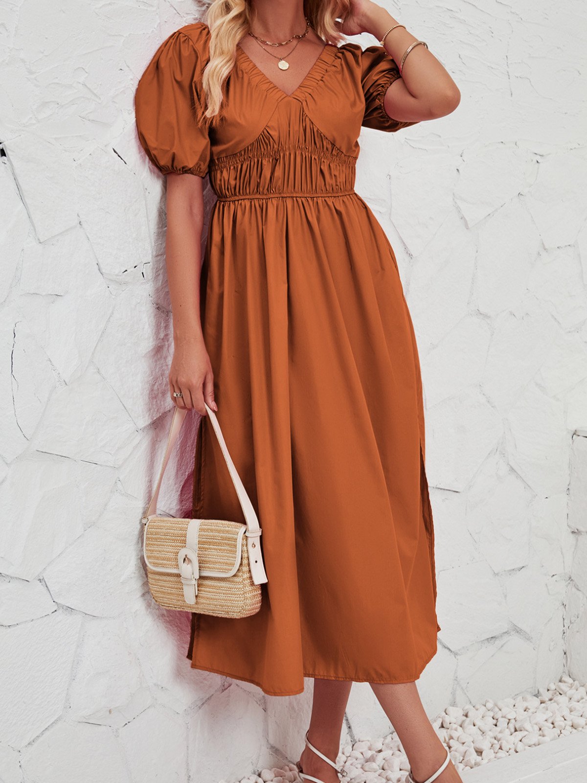 Femmes Plain Rose Col V Confortable Robe Maxi Décontracté