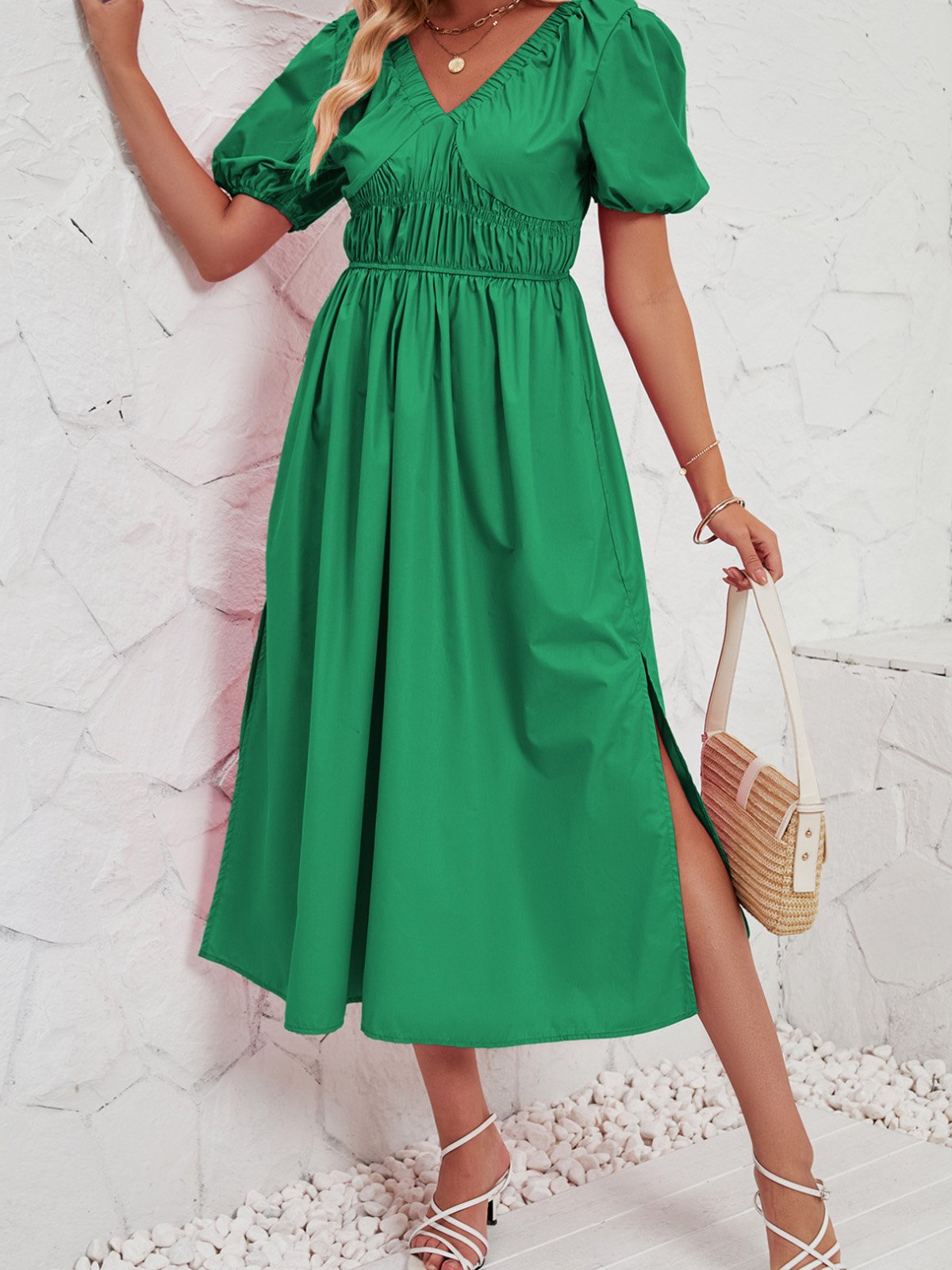 Femmes Plain Rose Col V Confortable Robe Maxi Décontracté