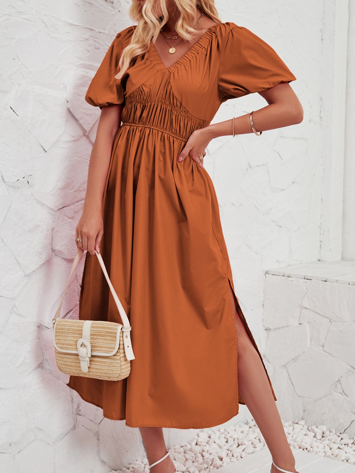 Femmes Plain Rose Col V Confortable Robe Maxi Décontracté