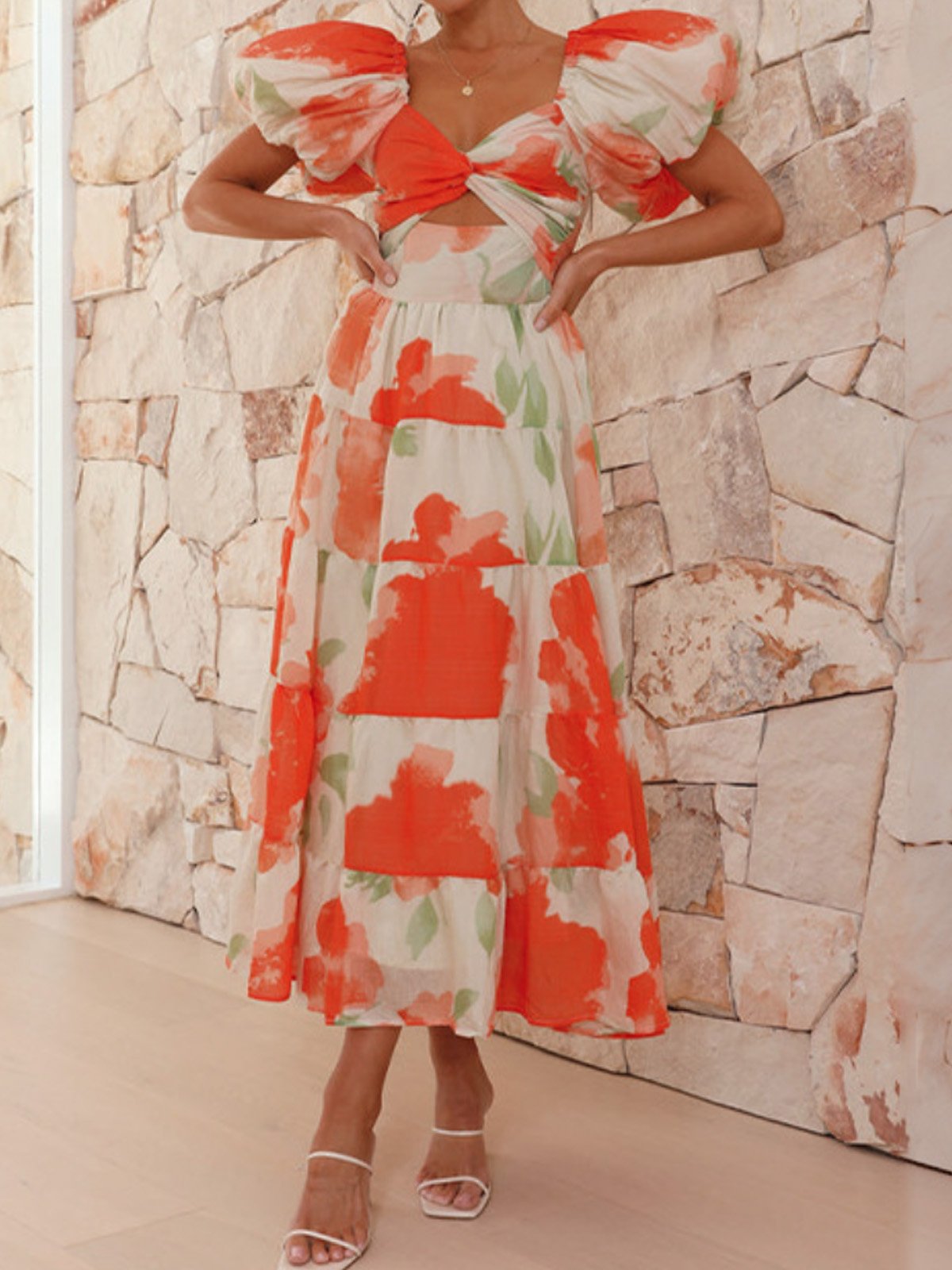 Femmes Floral Orange Col V Confortable Robe Maxi Décontracté