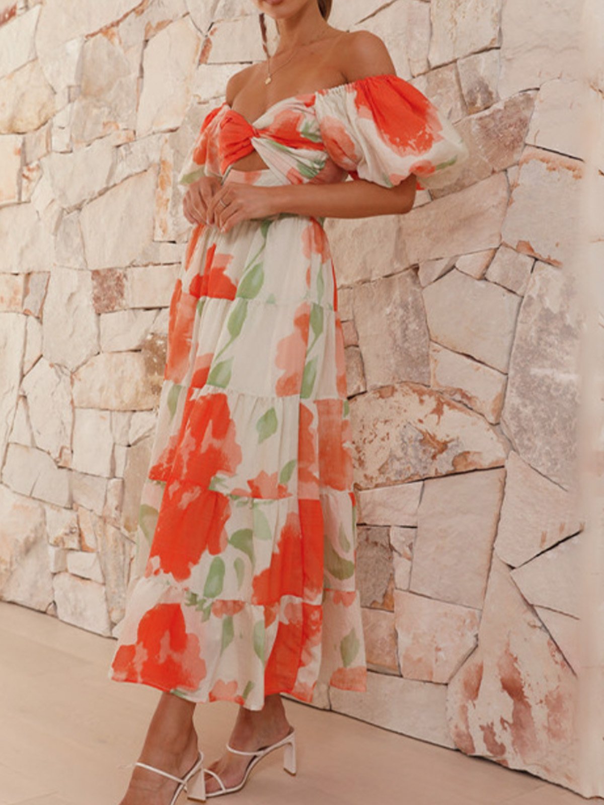 Femmes Floral Orange Col V Confortable Robe Maxi Décontracté