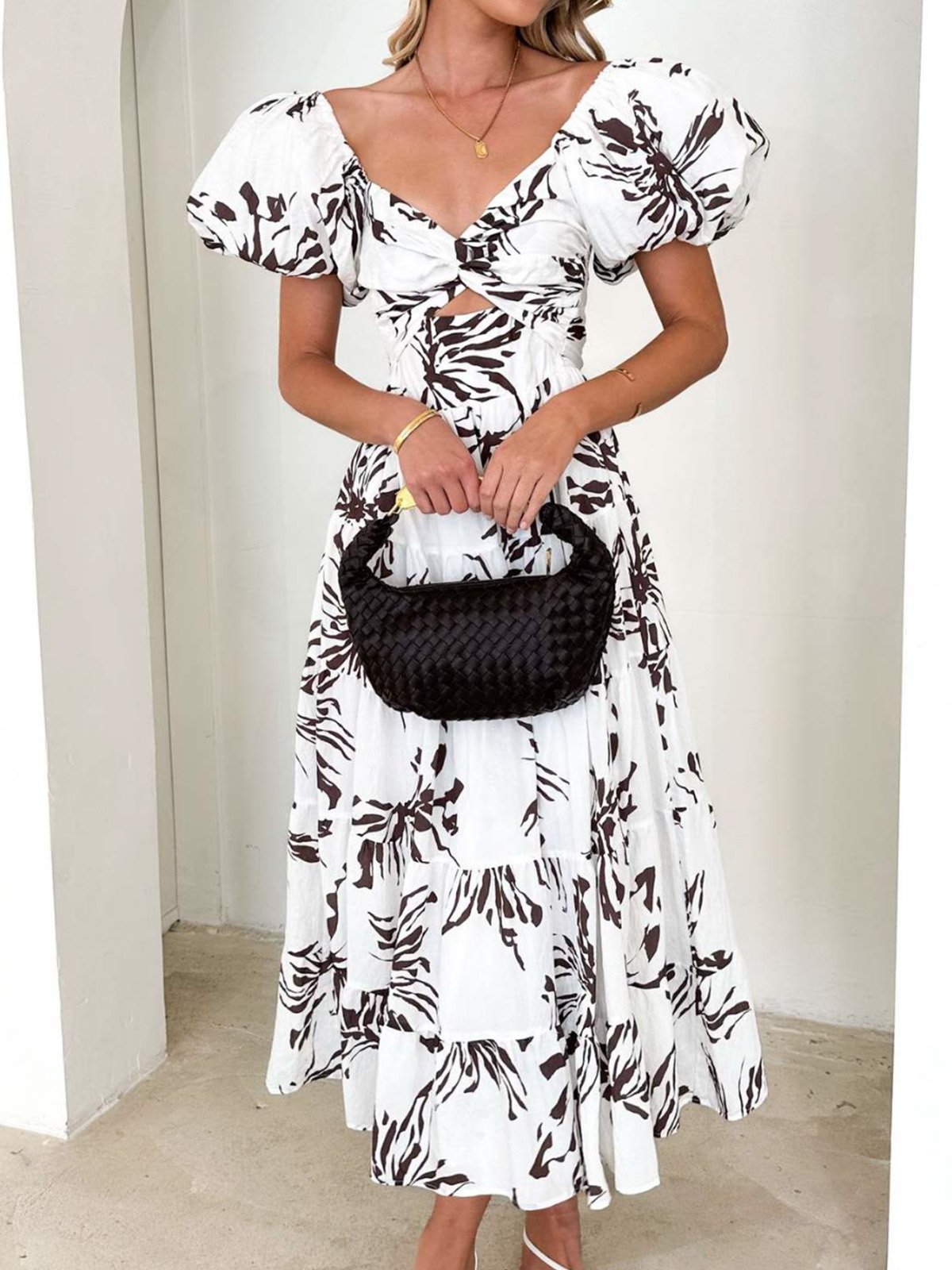 Femmes Floral Orange Col V Confortable Robe Maxi Décontracté