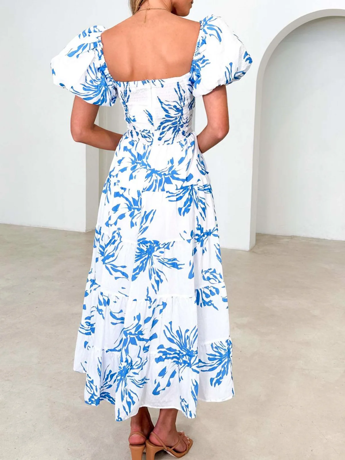 Femmes Floral Orange Col V Confortable Robe Maxi Décontracté