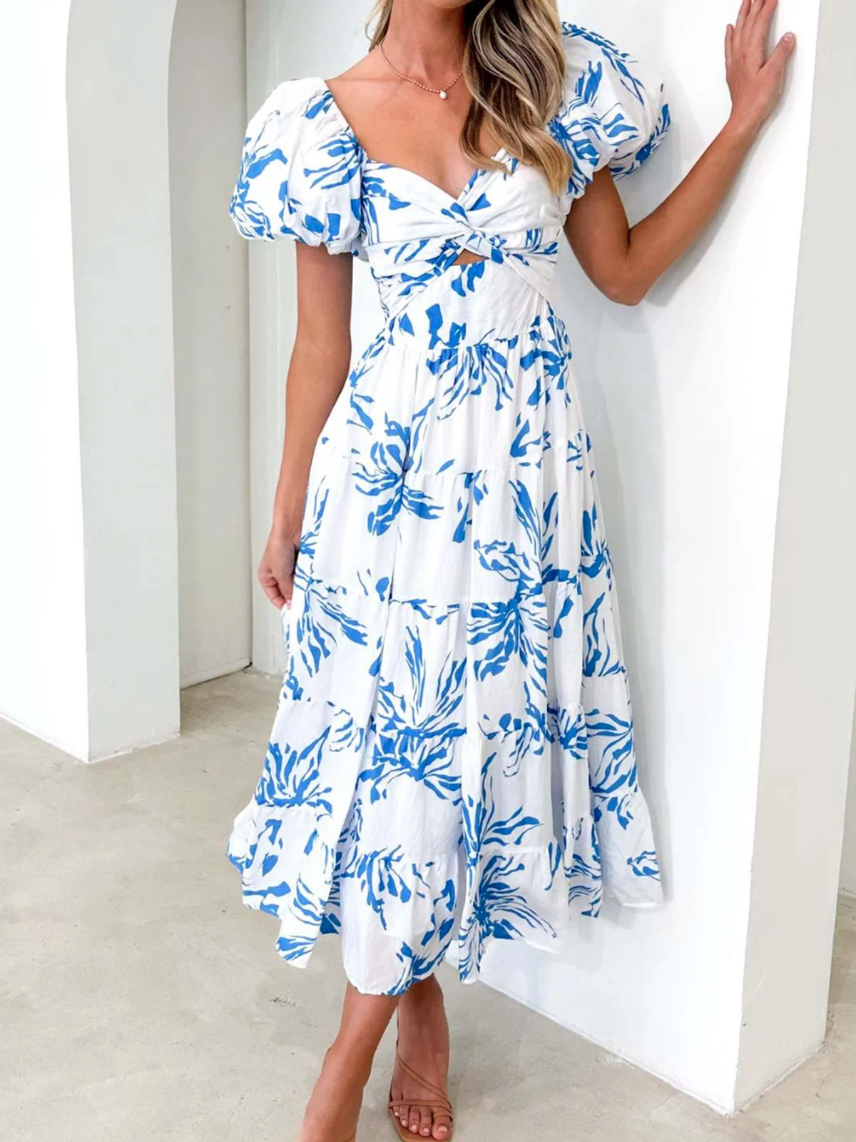Femmes Floral Orange Col V Confortable Robe Maxi Décontracté