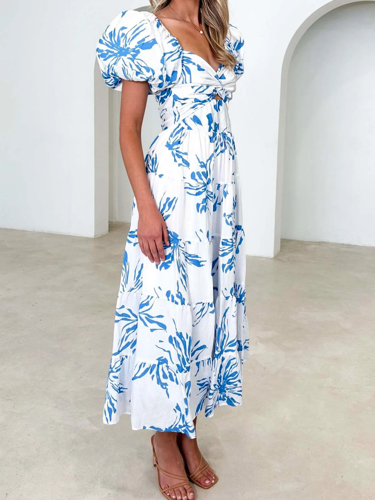 Femmes Floral Orange Col V Confortable Robe Maxi Décontracté