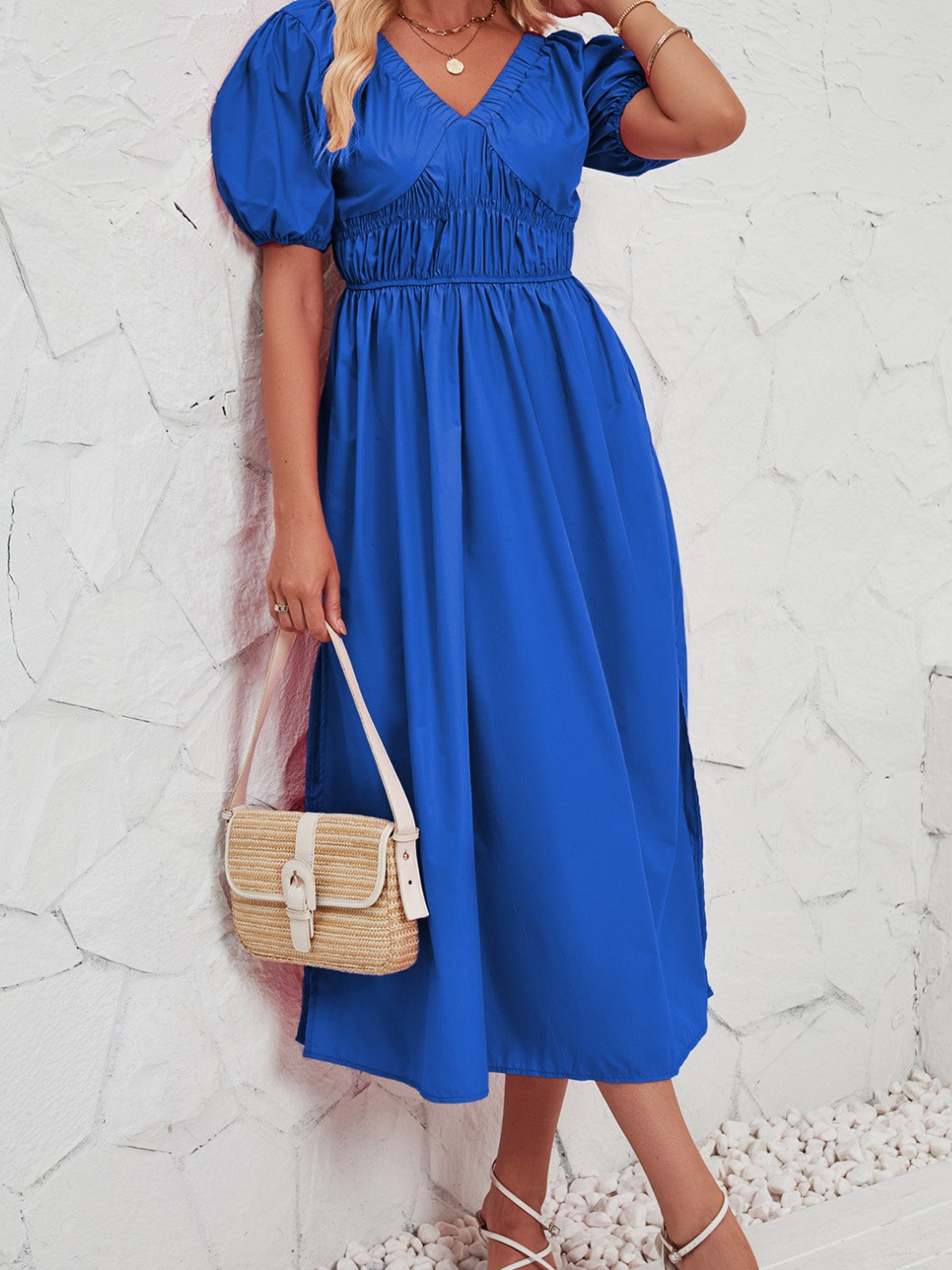 Femmes Plain Rose Col V Confortable Robe Maxi Décontracté
