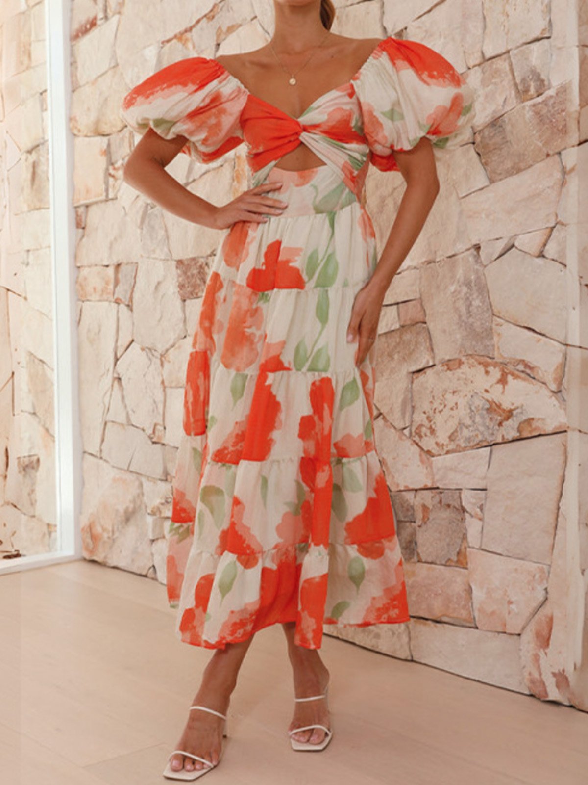 Femmes Floral Orange Col V Confortable Robe Maxi Décontracté