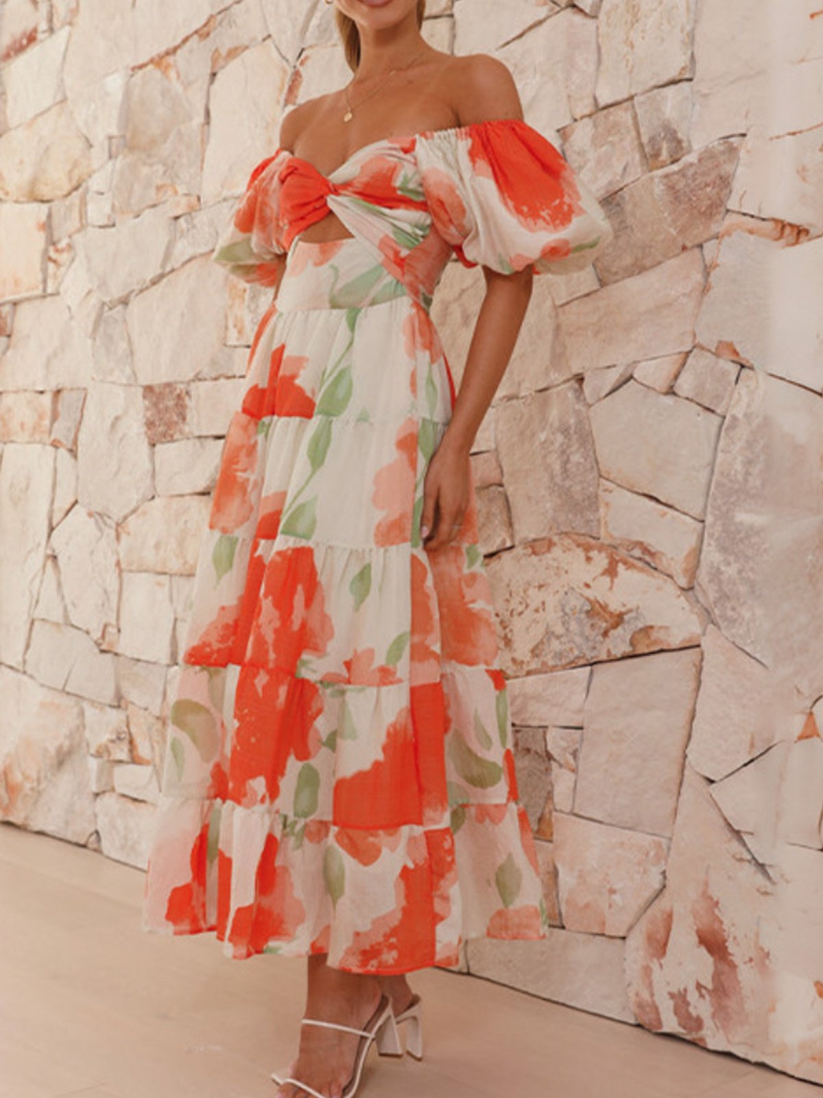 Femmes Floral Orange Col V Confortable Robe Maxi Décontracté