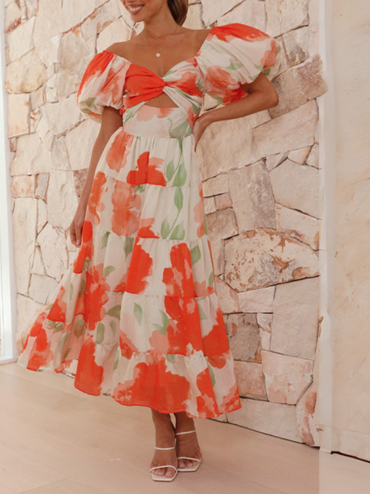 Femmes Floral Orange Col V Confortable Robe Maxi Décontracté