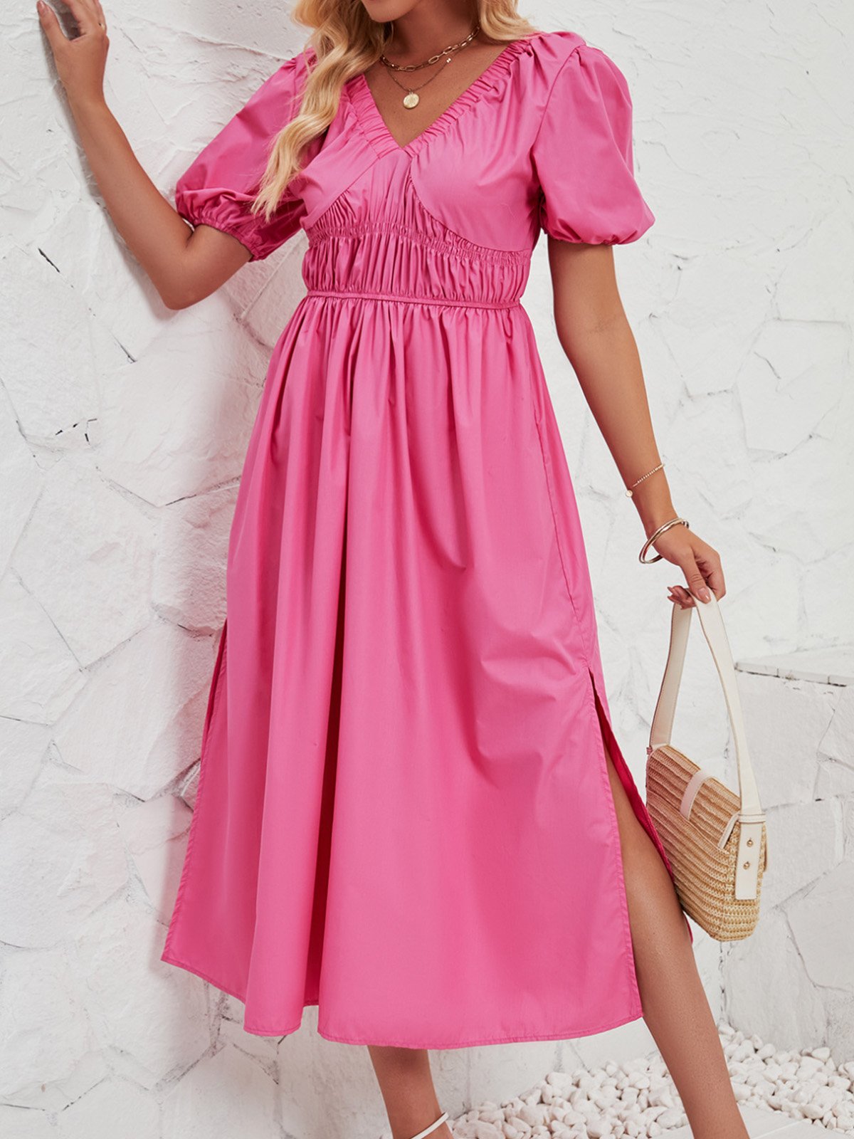Femmes Plain Rose Col V Confortable Robe Maxi Décontracté