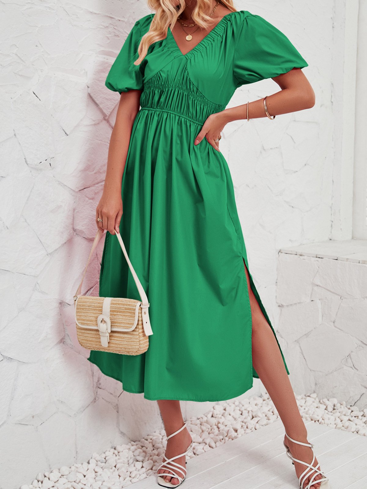 Femmes Plain Rose Col V Confortable Robe Maxi Décontracté