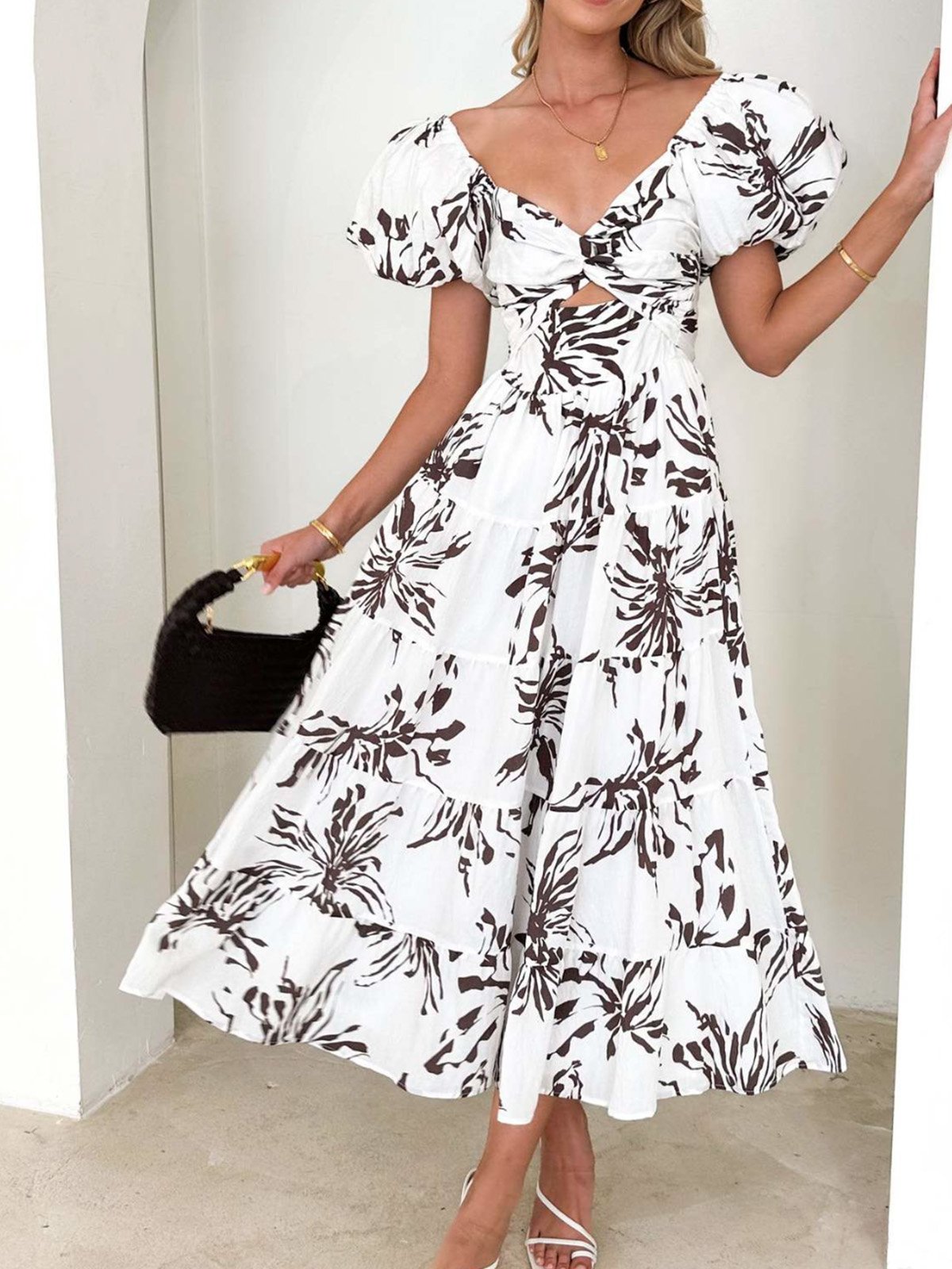 Femmes Floral Orange Col V Confortable Robe Maxi Décontracté