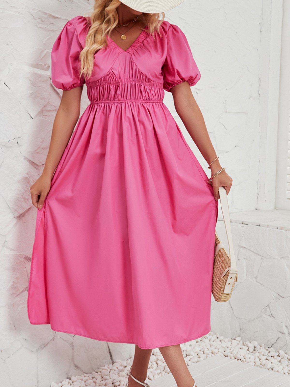 Femmes Plain Rose Col V Confortable Robe Maxi Décontracté