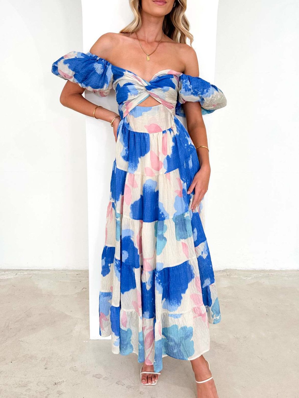 Femmes Floral Orange Col V Confortable Robe Maxi Décontracté