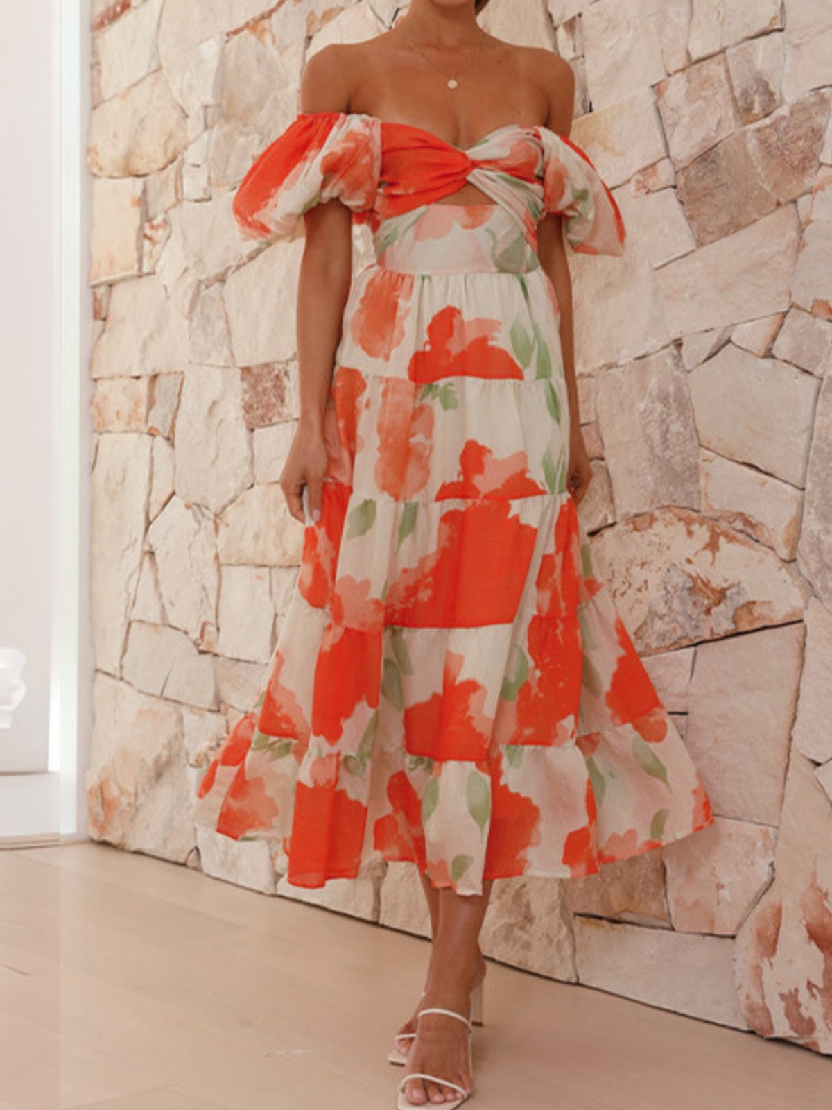 Femmes Floral Orange Col V Confortable Robe Maxi Décontracté