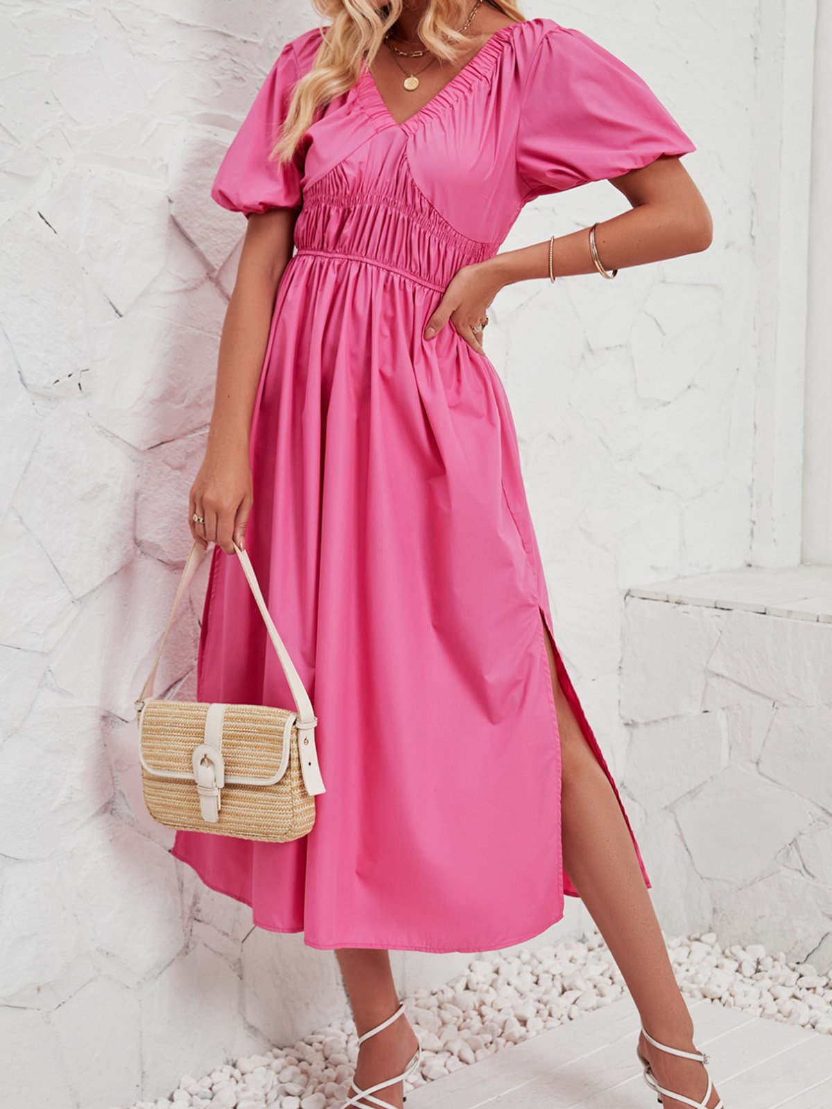 Femmes Plain Rose Col V Confortable Robe Maxi Décontracté