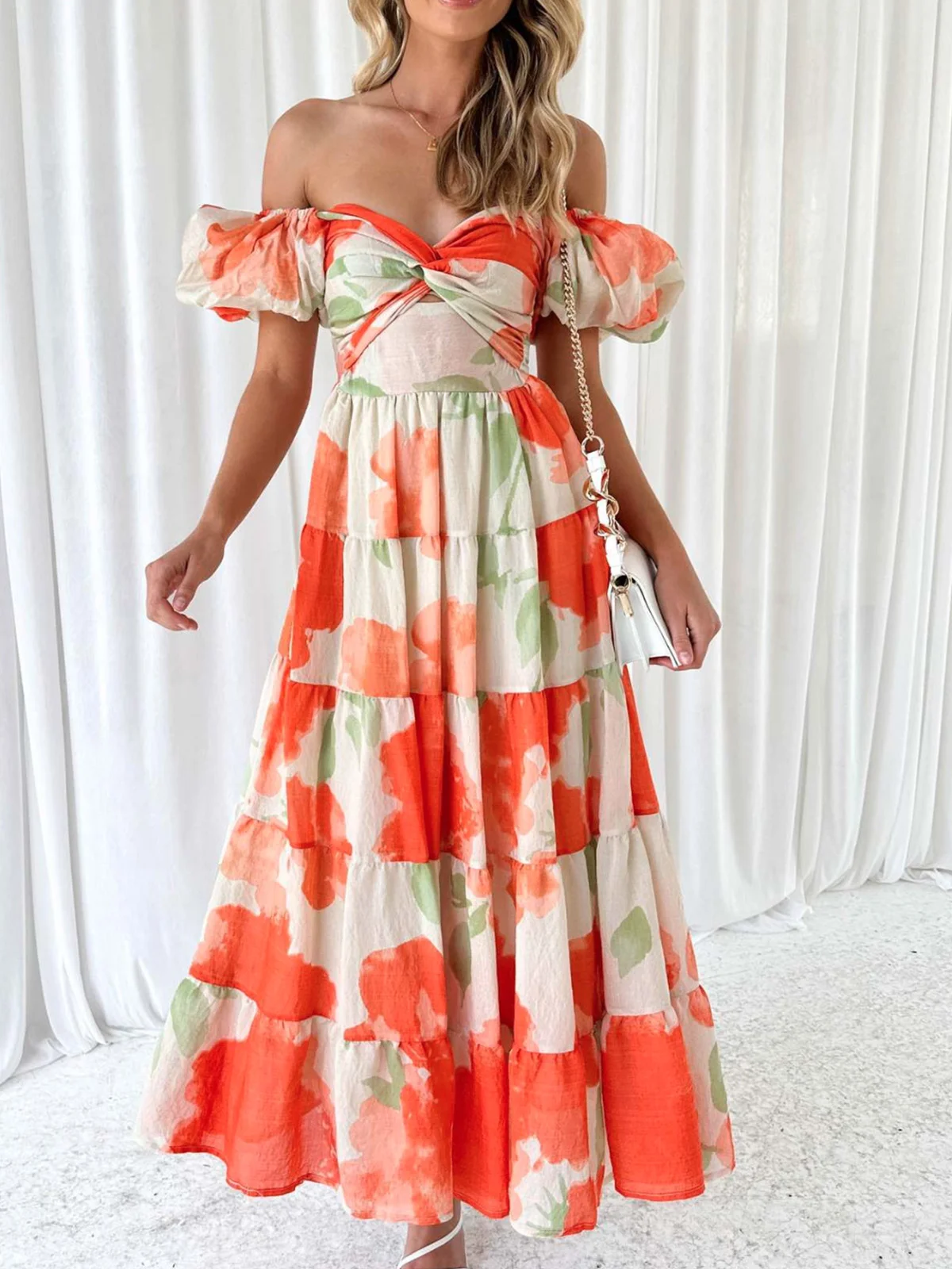Femmes Floral Orange Col V Confortable Robe Maxi Décontracté