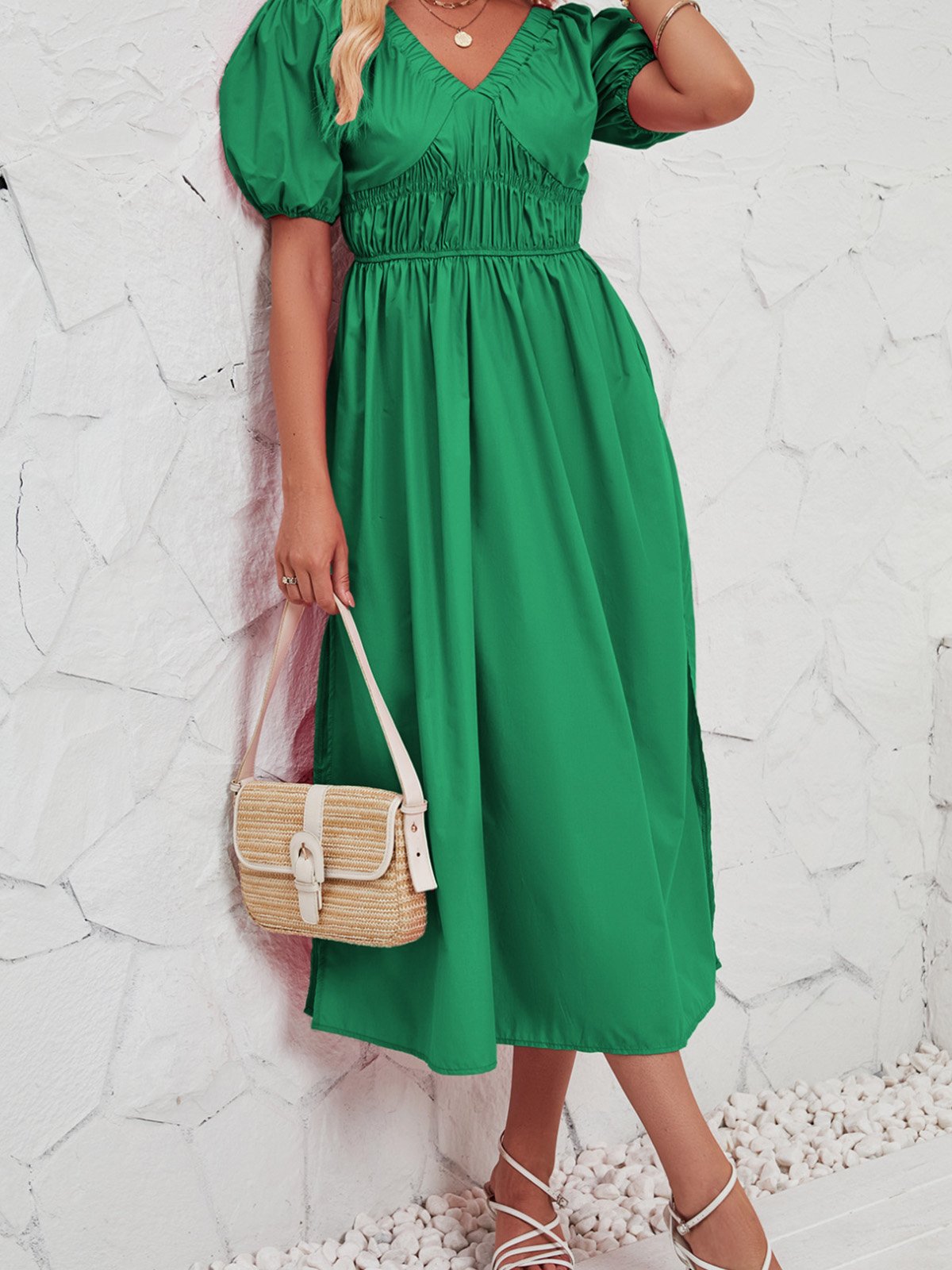 Femmes Plain Rose Col V Confortable Robe Maxi Décontracté