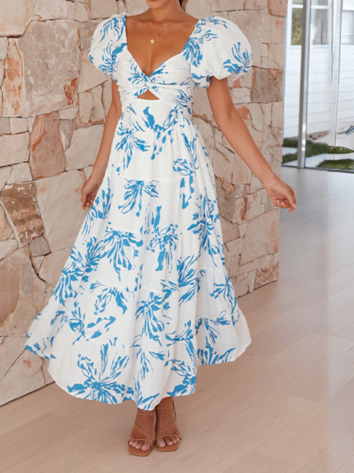 Femmes Floral Orange Col V Confortable Robe Maxi Décontracté