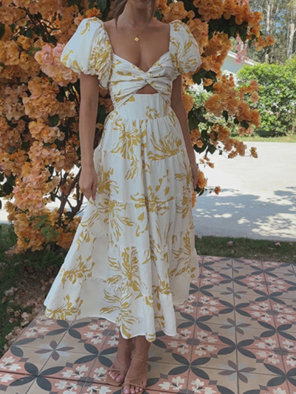 Femmes Floral Orange Col V Confortable Robe Maxi Décontracté