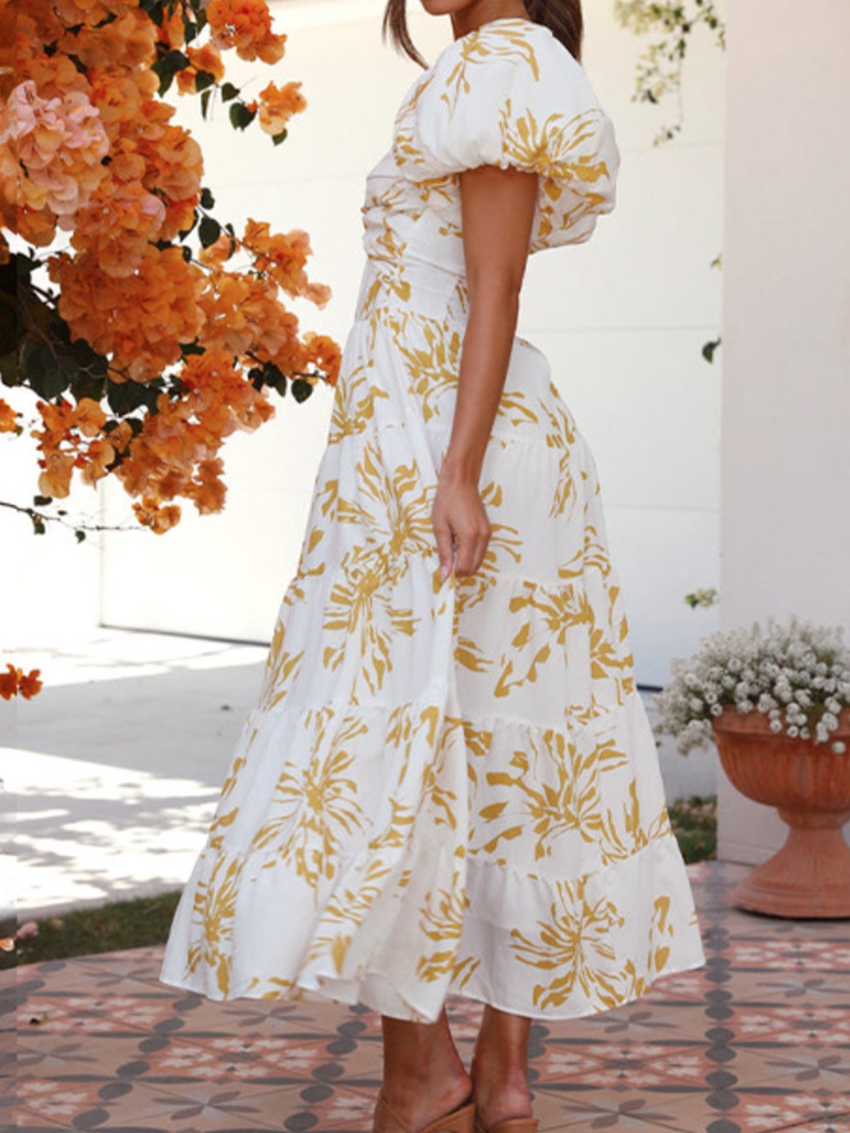 Femmes Floral Orange Col V Confortable Robe Maxi Décontracté