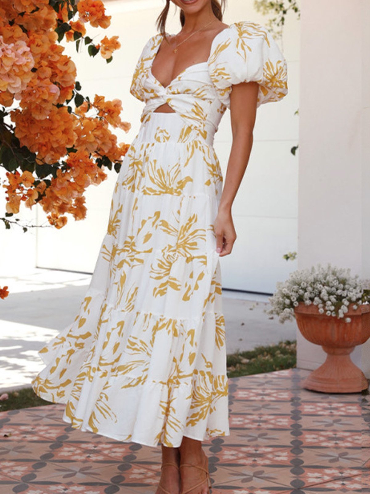 Femmes Floral Orange Col V Confortable Robe Maxi Décontracté