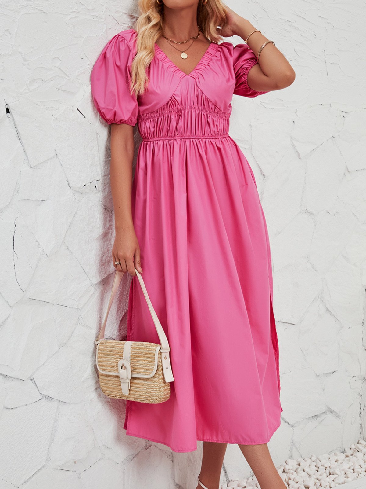 Femmes Plain Rose Col V Confortable Robe Maxi Décontracté