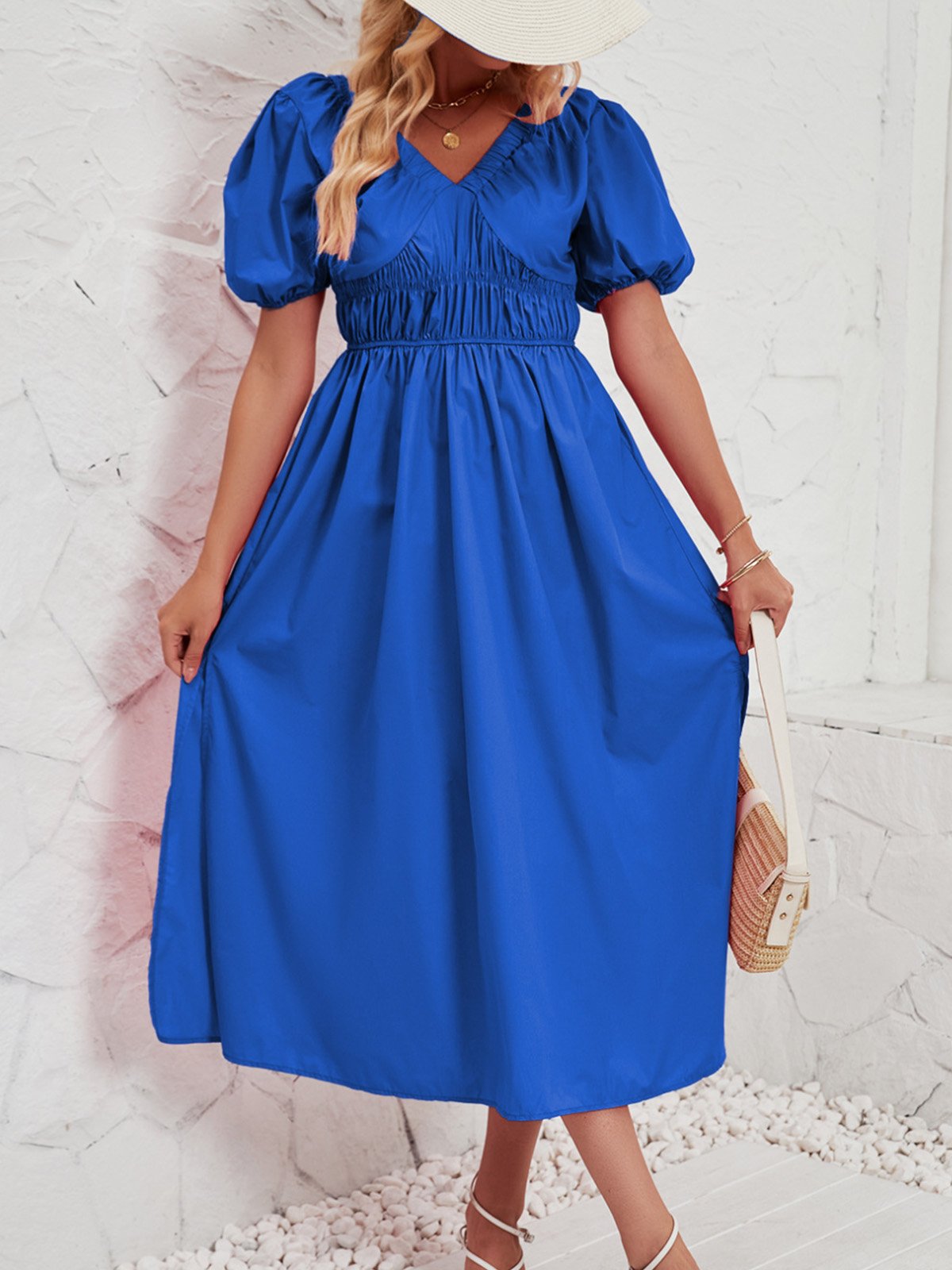 Femmes Plain Rose Col V Confortable Robe Maxi Décontracté