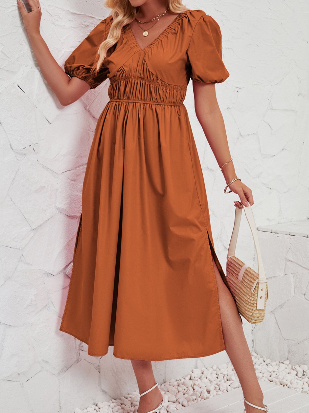 Femmes Plain Rose Col V Confortable Robe Maxi Décontracté