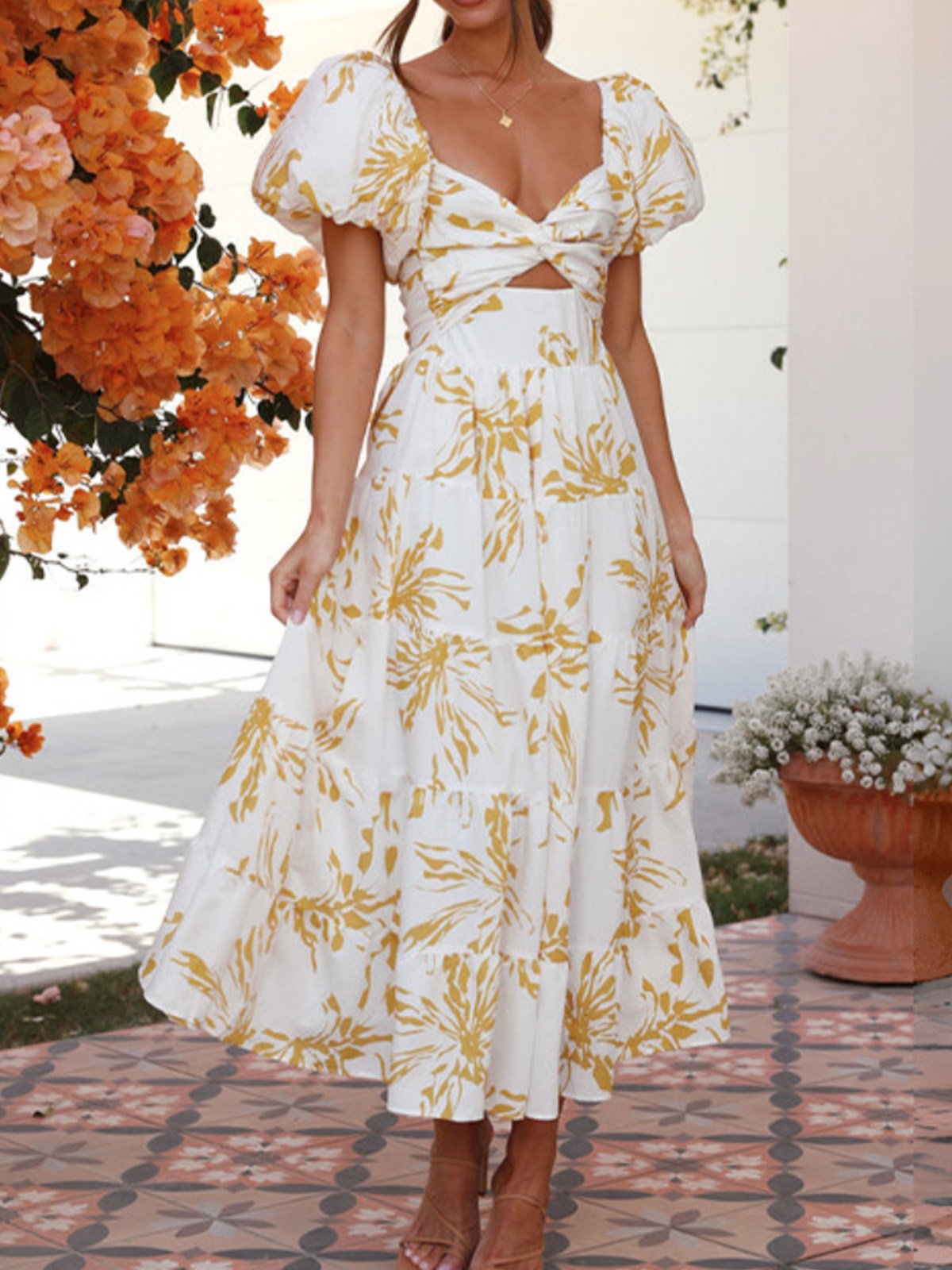 Femmes Floral Orange Col V Confortable Robe Maxi Décontracté