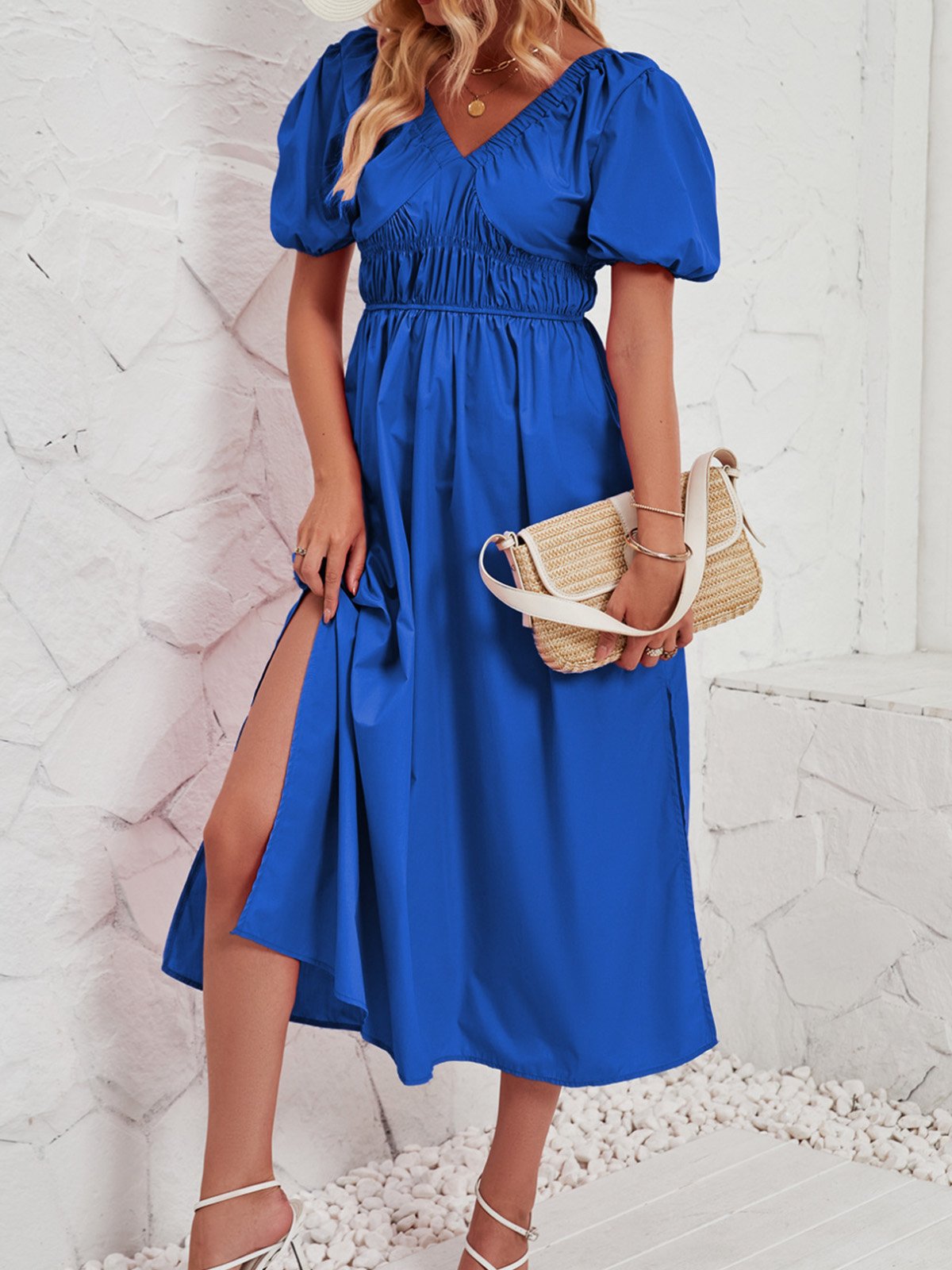 Femmes Plain Rose Col V Confortable Robe Maxi Décontracté