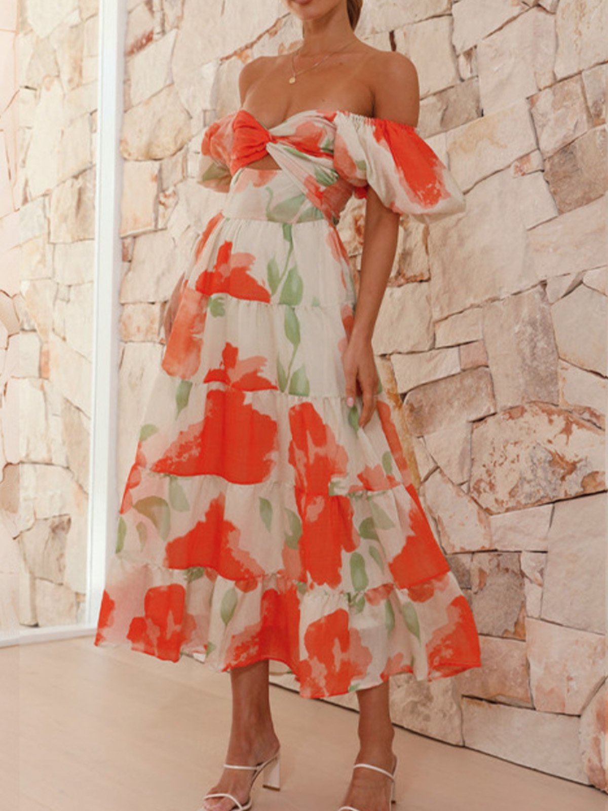 Femmes Floral Orange Col V Confortable Robe Maxi Décontracté