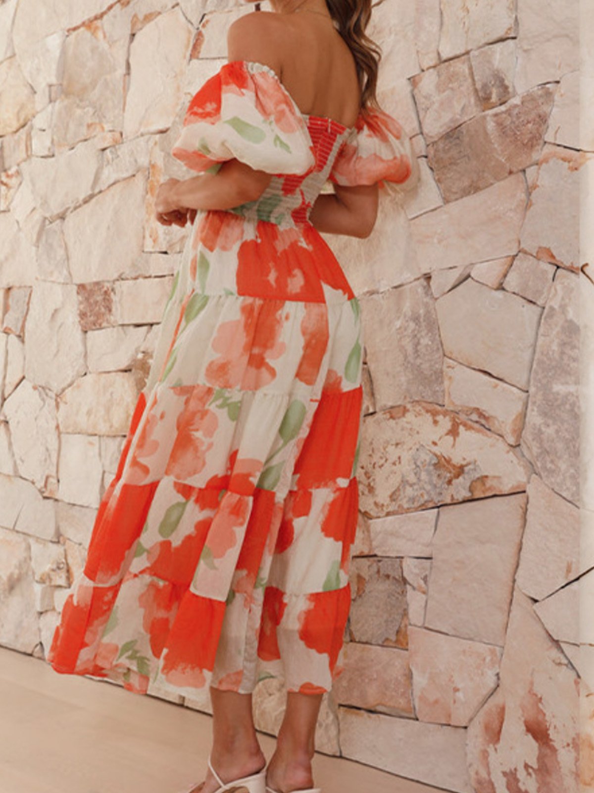 Femmes Floral Orange Col V Confortable Robe Maxi Décontracté