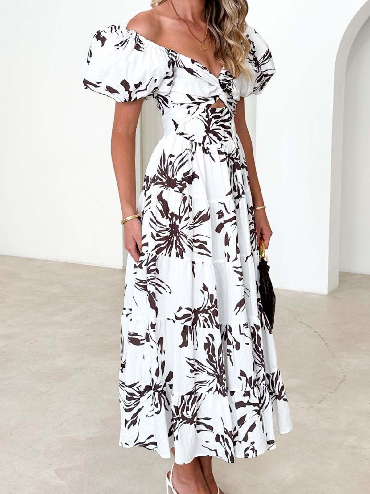 Femmes Floral Orange Col V Confortable Robe Maxi Décontracté