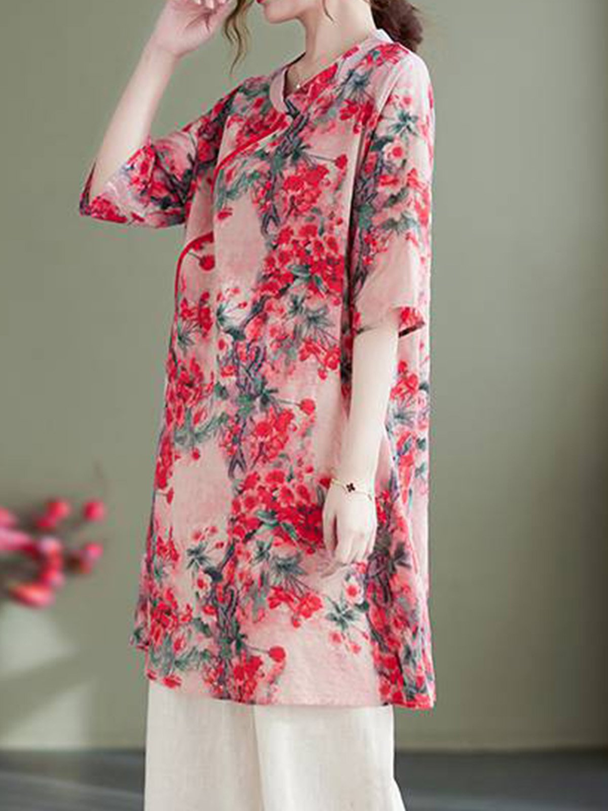 Chemises Décontracté Floral Été Ample Coton Et Lin Demi Manche Col Rond Mi-long Droit pour Femmes