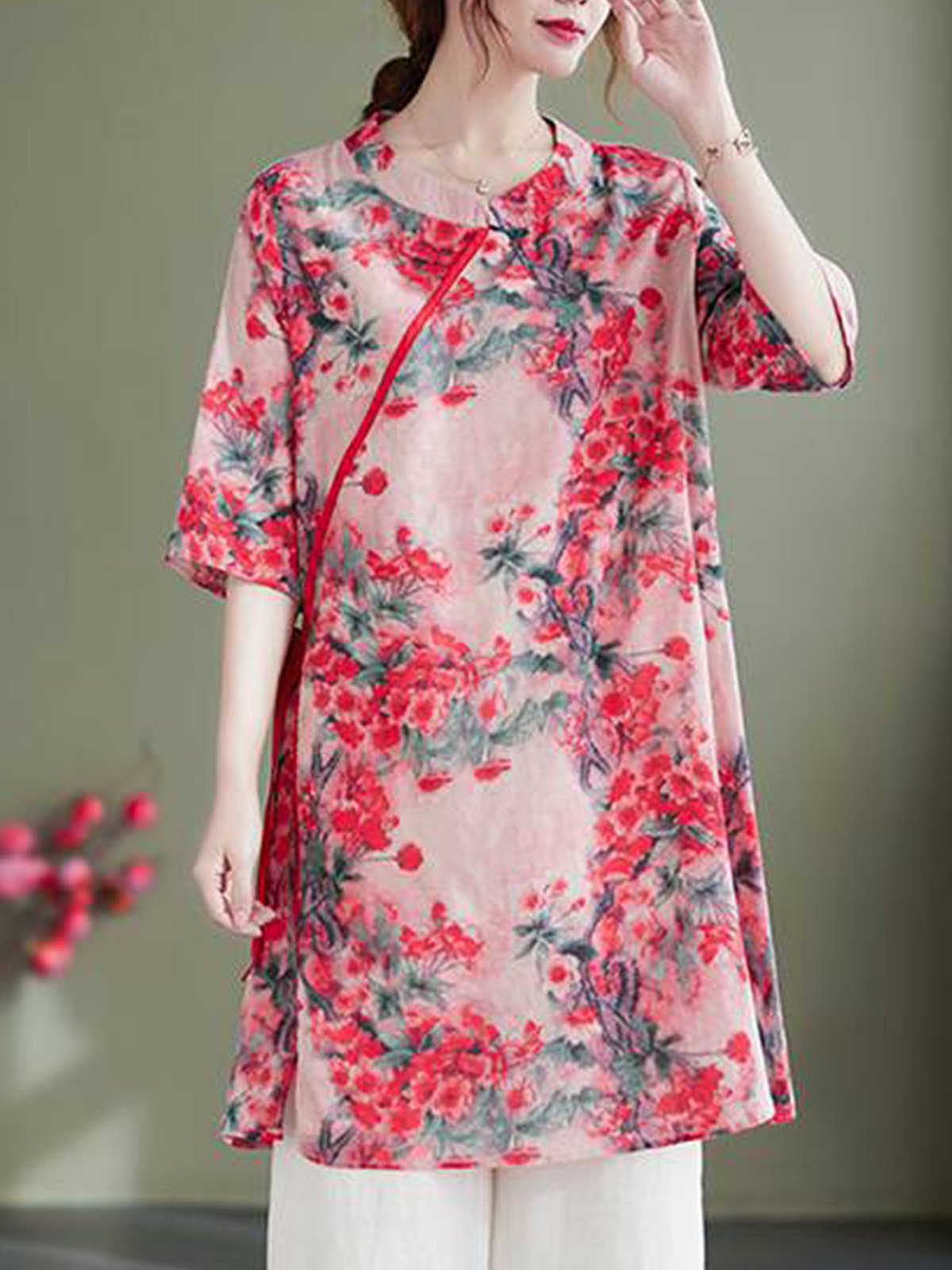 Chemises Décontracté Floral Été Ample Coton Et Lin Demi Manche Col Rond Mi-long Droit pour Femmes