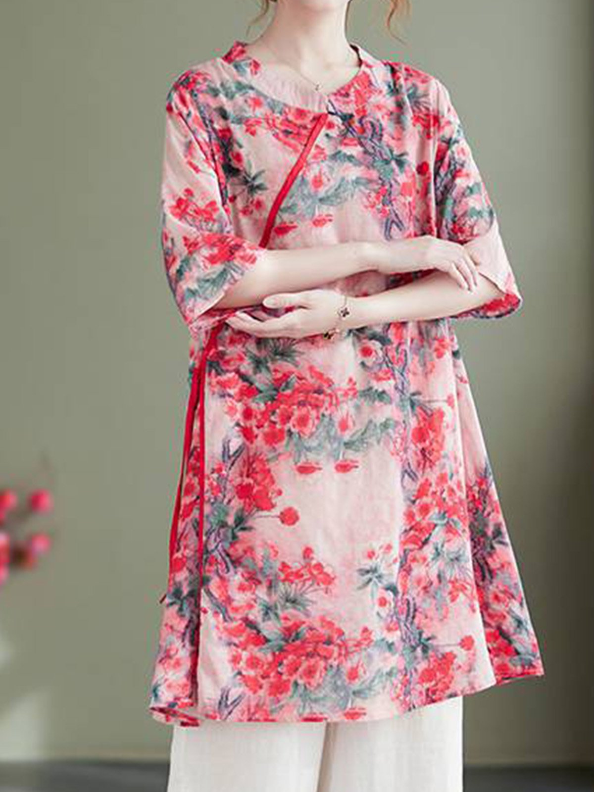 Chemises Décontracté Floral Été Ample Coton Et Lin Demi Manche Col Rond Mi-long Droit pour Femmes