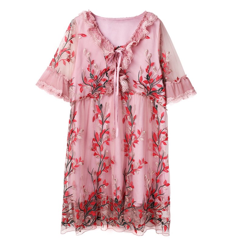 Femmes Floral Rose Col V Confortable Dentelle Court Robe Décontracté