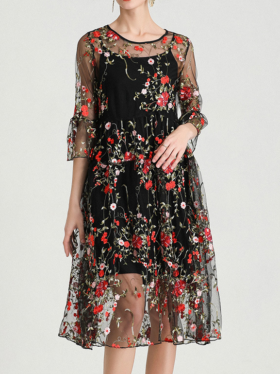 Femmes Floral Noir Col Rond Confortable Dentelle Robe Mi-Longue Décontracté