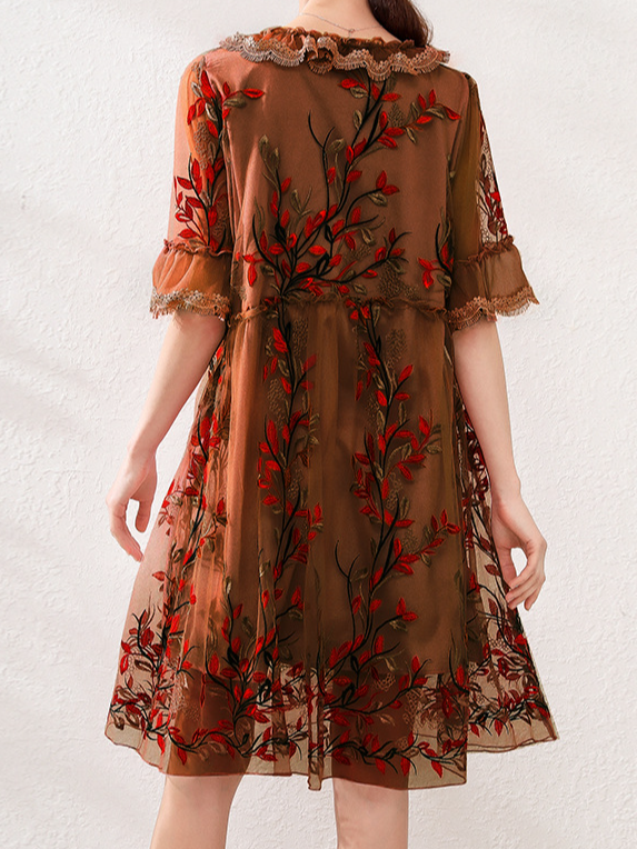 Femmes Floral Rose Col V Confortable Dentelle Court Robe Décontracté