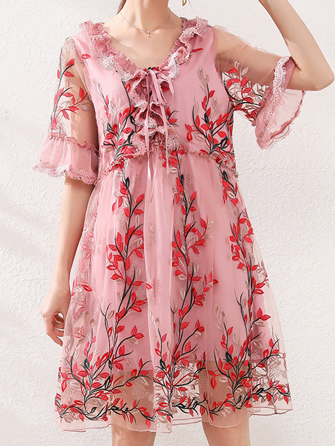 Femmes Floral Rose Col V Confortable Dentelle Court Robe Décontracté