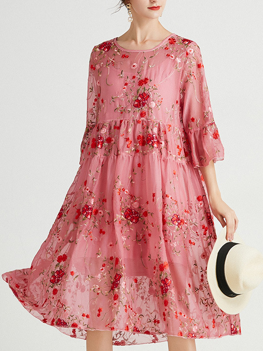 Femmes Floral Noir Col Rond Confortable Dentelle Robe Mi-Longue Décontracté