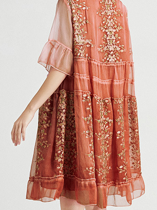 Femmes Floral Rose Col Rond Confortable Dentelle Court Robe Décontracté