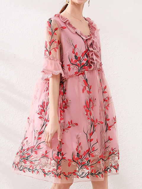 Femmes Floral Rose Col V Confortable Dentelle Court Robe Décontracté